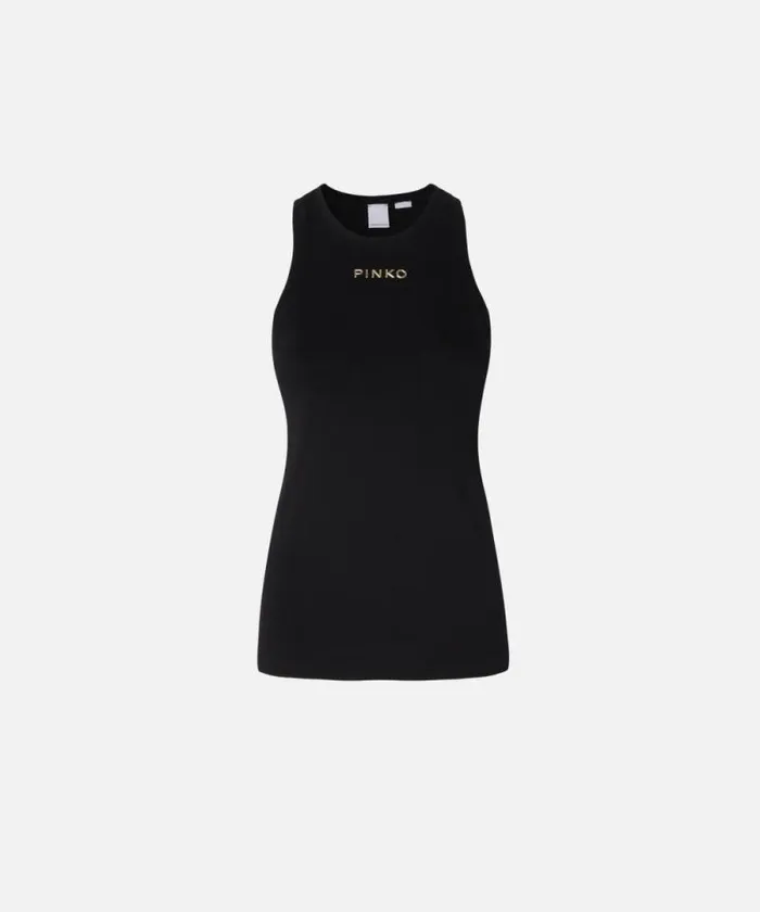 Women Topwear Pinko Ribbed Top With Logo Limo Black Women Topwear Pinko Ribbed Top With Logo Limo Black