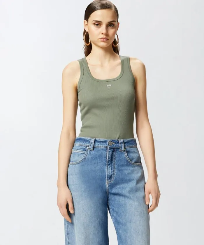 Women Topwear Pinko Ribbed Vest Top With Birds Logo Fourleaf Clover Green