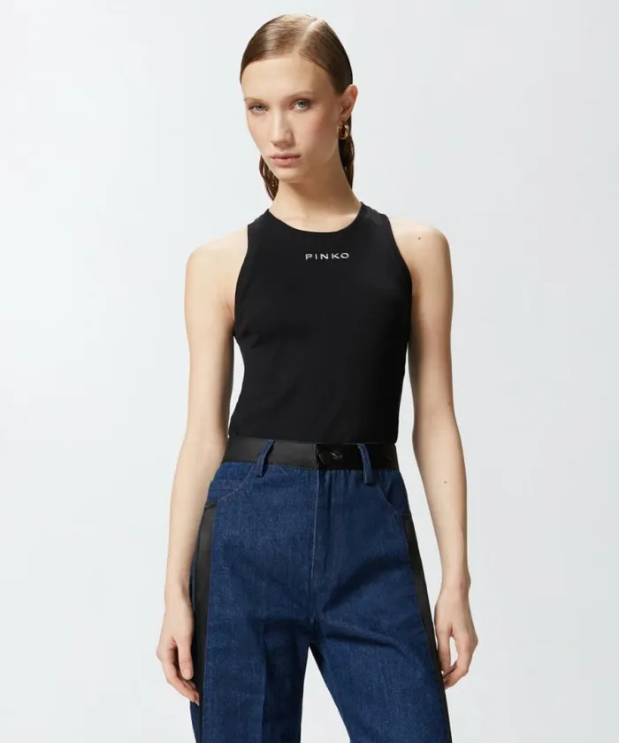 Women Topwear Pinko Ribbed Vest With PINKO Logo Limo Black