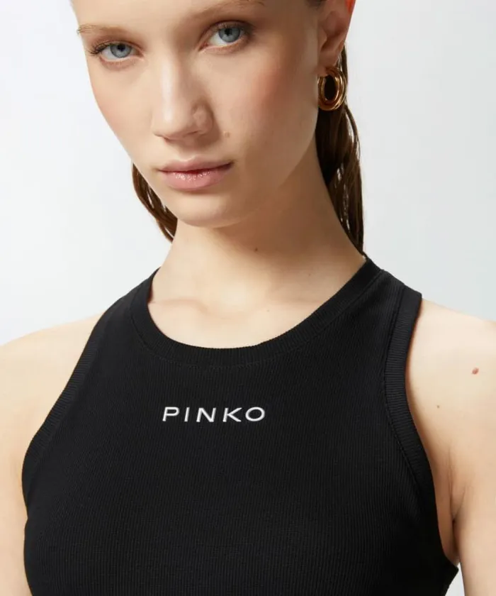 Women Topwear Pinko Ribbed Vest With PINKO Logo Limo Black Women Topwear Pinko Ribbed Vest With PINKO Logo Limo Black