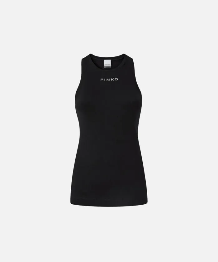 Women Topwear Pinko Ribbed Vest With PINKO Logo Limo Black Women Topwear Pinko Ribbed Vest With PINKO Logo Limo Black