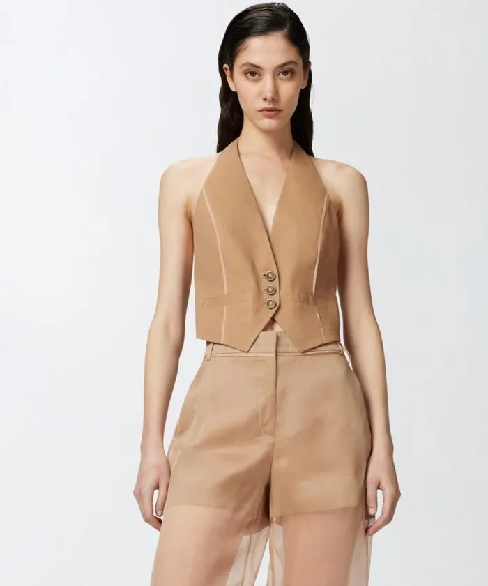 Women Topwear Pinko Short Vest With Open Back Brown 8211 Wood Thrush