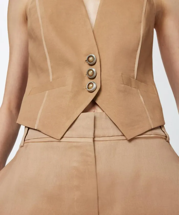 Women Topwear Pinko Short Vest With Open Back Brown 8211 Wood Thrush Women Topwear Pinko Short Vest With Open Back Brown 8211 Wood Thrush