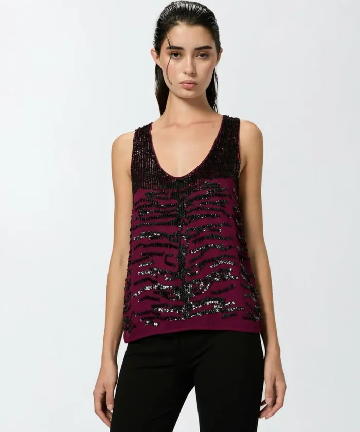 Women Topwear Pinko Top With Zebra Sequin Embroidery Burgundyblack