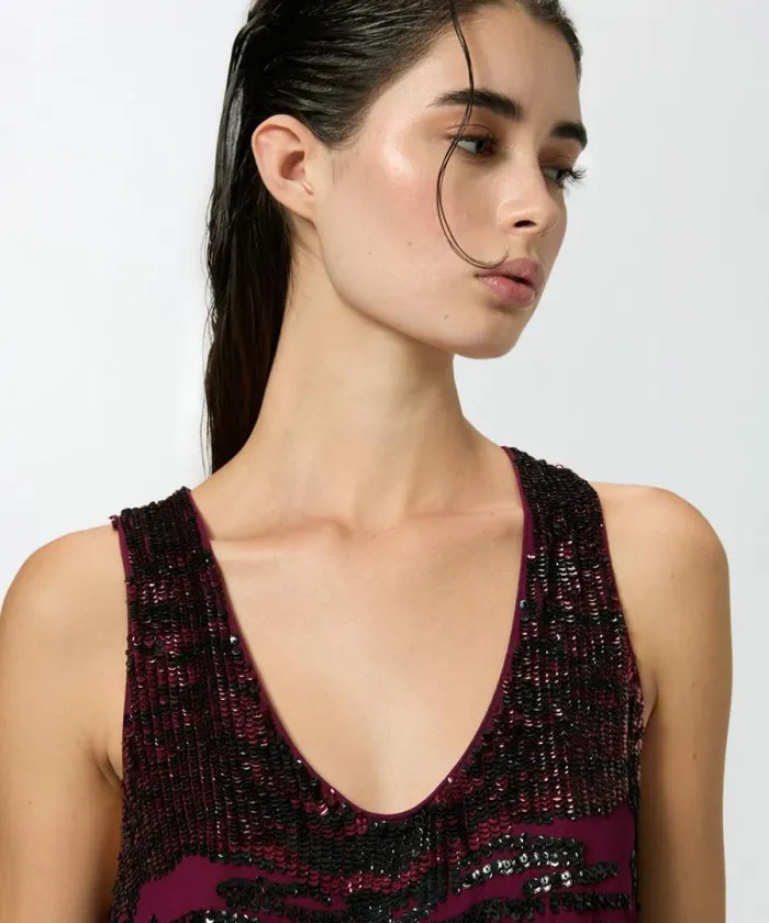 Women Topwear Pinko Top With Zebra Sequin Embroidery Burgundyblack Women Topwear Pinko Top With Zebra Sequin Embroidery Burgundyblack