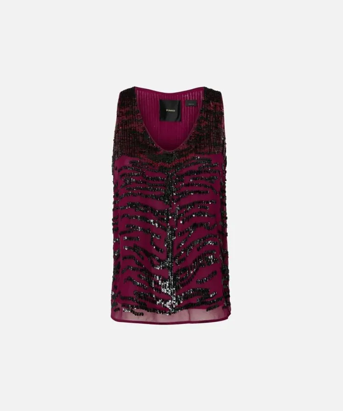 Women Topwear Pinko Top With Zebra Sequin Embroidery Burgundyblack Women Topwear Pinko Top With Zebra Sequin Embroidery Burgundyblack