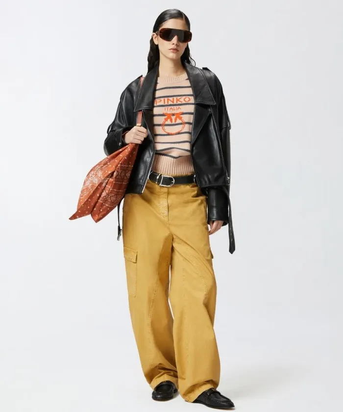 Women Trousers Pinko Wide Leg Workwear Trousers With Pockets Antelope Yellow