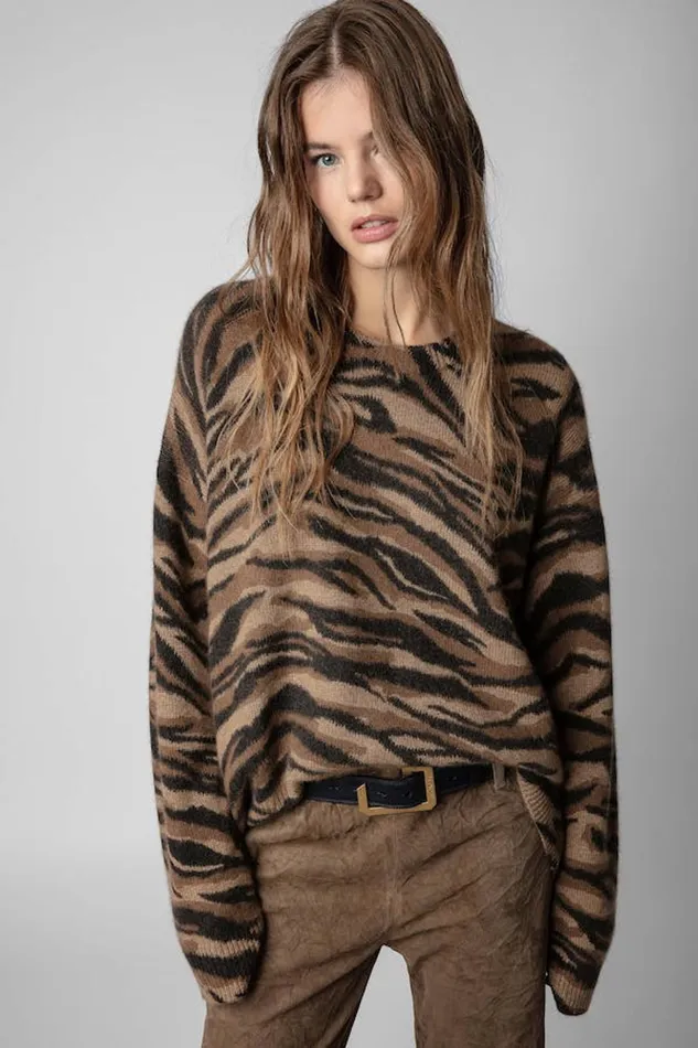 Zadig and Voltaire Sweaters and Knitwear MARKUS TIGER PRINT COGNAC 8211 Women Zadig and Voltaire Sweaters and Knitwear MARKUS TIGER PRINT COGNAC 8211 Women